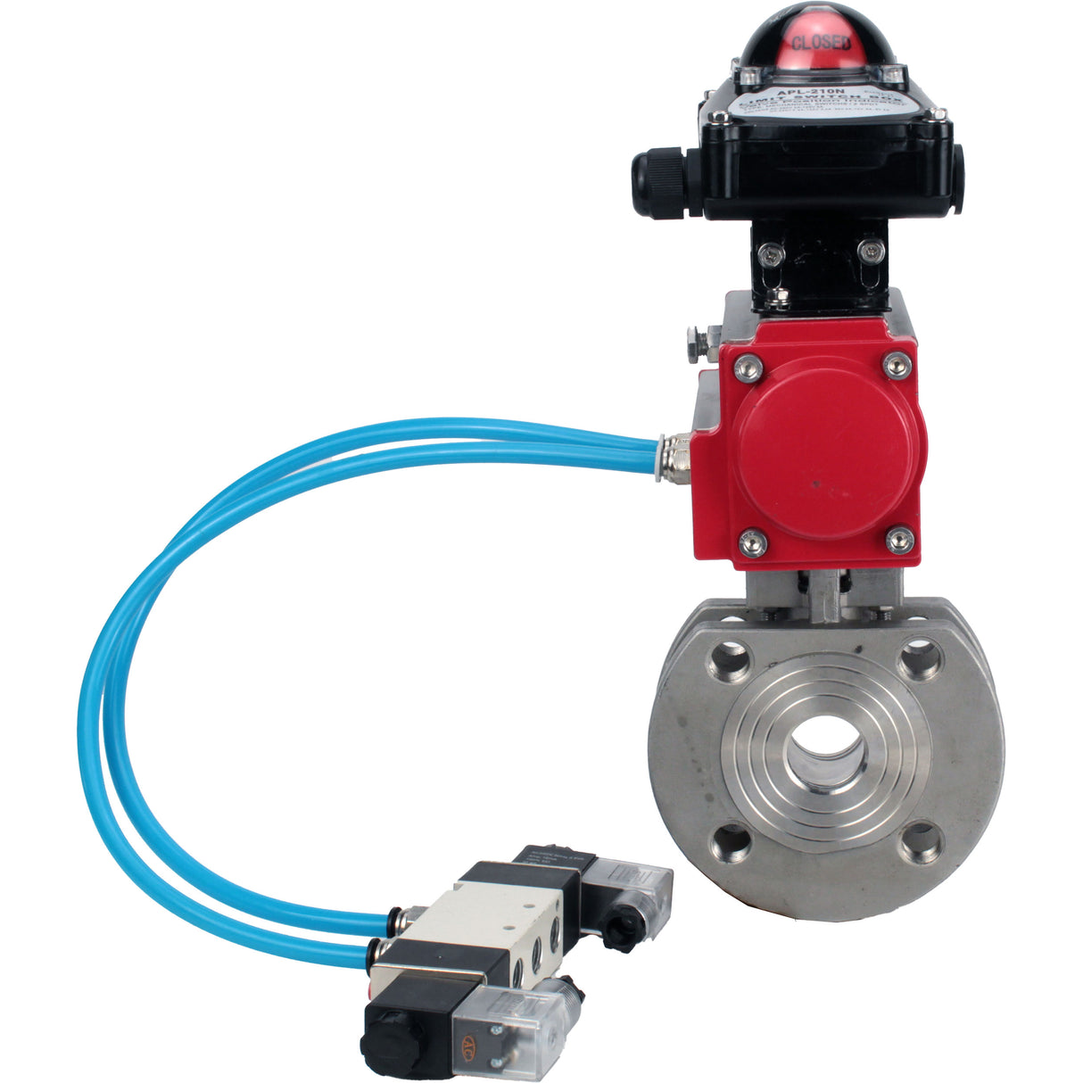 Ball valves Elephant BV3232P-FP-Fb-ISO-H 16 bar, full bore wafer, stainless steel SS316, seal - PTFE, with double-acting PA-DA pneumatic actuator, with pneumatic distributor 4V320-08 220V, with LSU APL-210N
