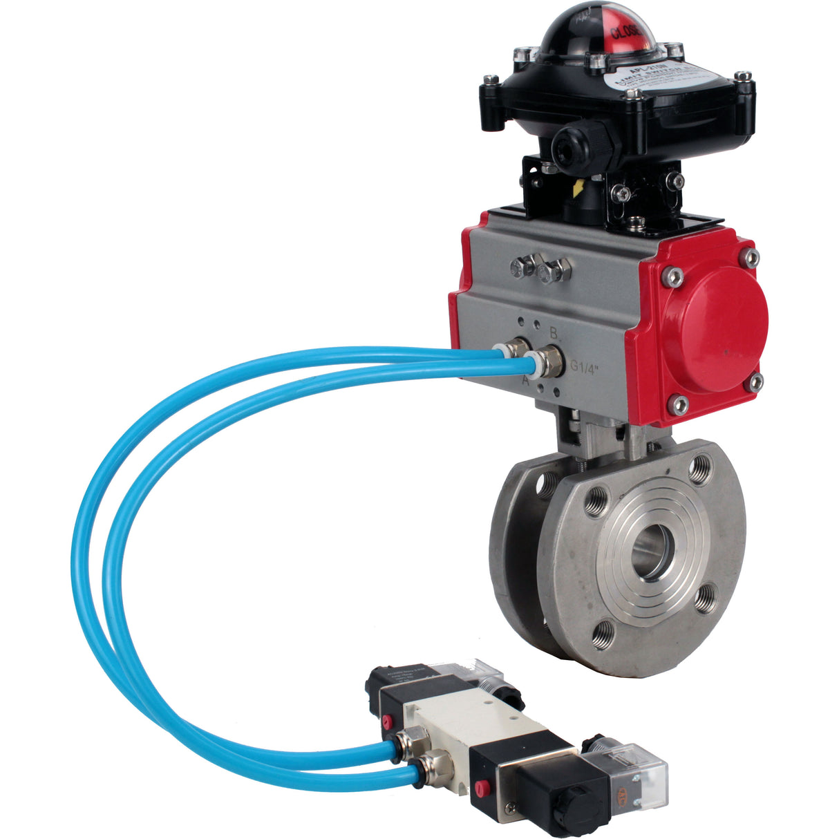 Ball valves Elephant BV3232P-FP-Fb-ISO-H 16 bar, full bore wafer, stainless steel SS316, seal - PTFE, with double-acting PA-DA pneumatic actuator, with pneumatic distributor 4V320-08 220V, with LSU APL-210N
