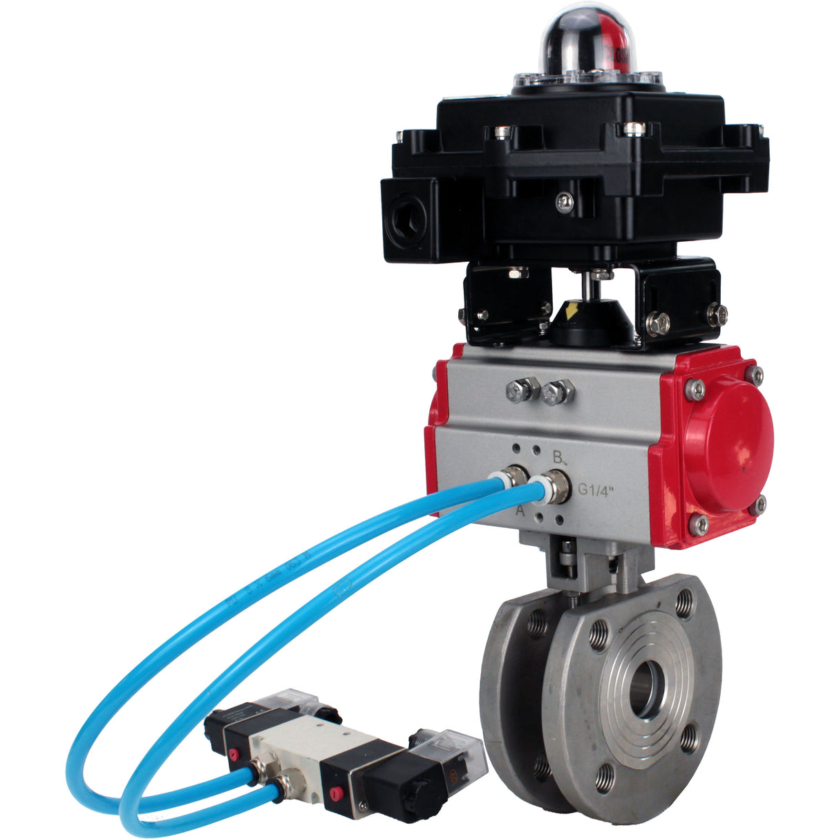 Ball valves Elephant BV3232P-FP-Fb-ISO-H 16 bar, full bore wafer, stainless steel SS316, seal - PTFE, with double-acting PA-DA pneumatic actuator, with pneumatic distributor 4V320-08 220V, with LSU APL-410N EX