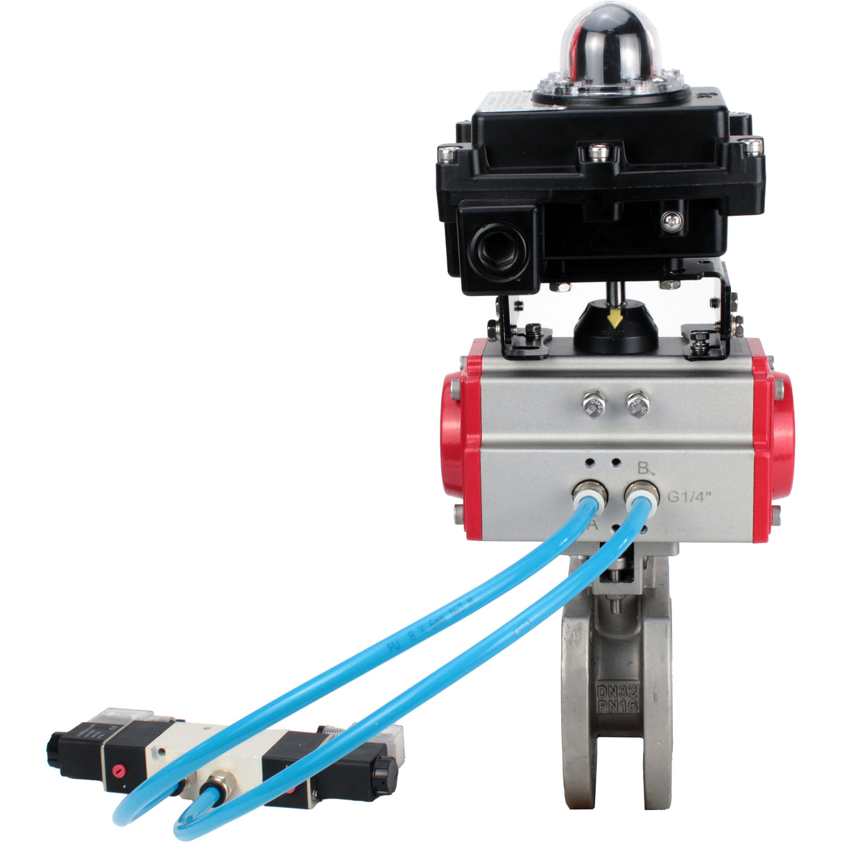 Ball valves Elephant BV3232P-FP-Fb-ISO-H 16 bar, full bore wafer, stainless steel SS316, seal - PTFE, with double-acting PA-DA pneumatic actuator, with pneumatic distributor 4V320-08 220V, with LSU APL-410N EX