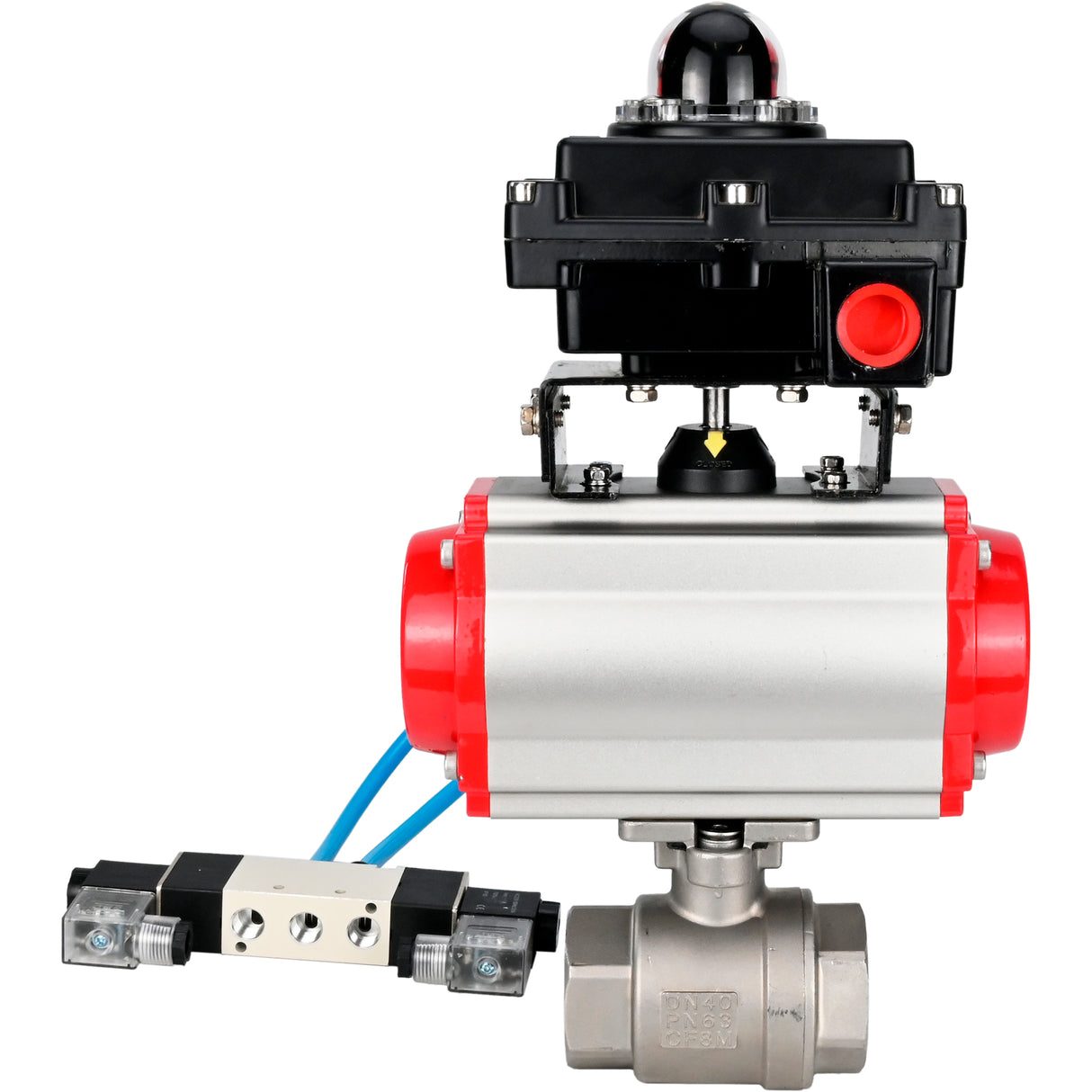 Ball valves Elephant BV3232P(2pc)-FP-T-ISO-H 16 bar, full bore coupling, stainless steel SS316, seal - PTFE, with pneumatic actuator PA-SA with return springs, with pneumatic distributor 4V320-08 220V, with LSU APL-410N EX