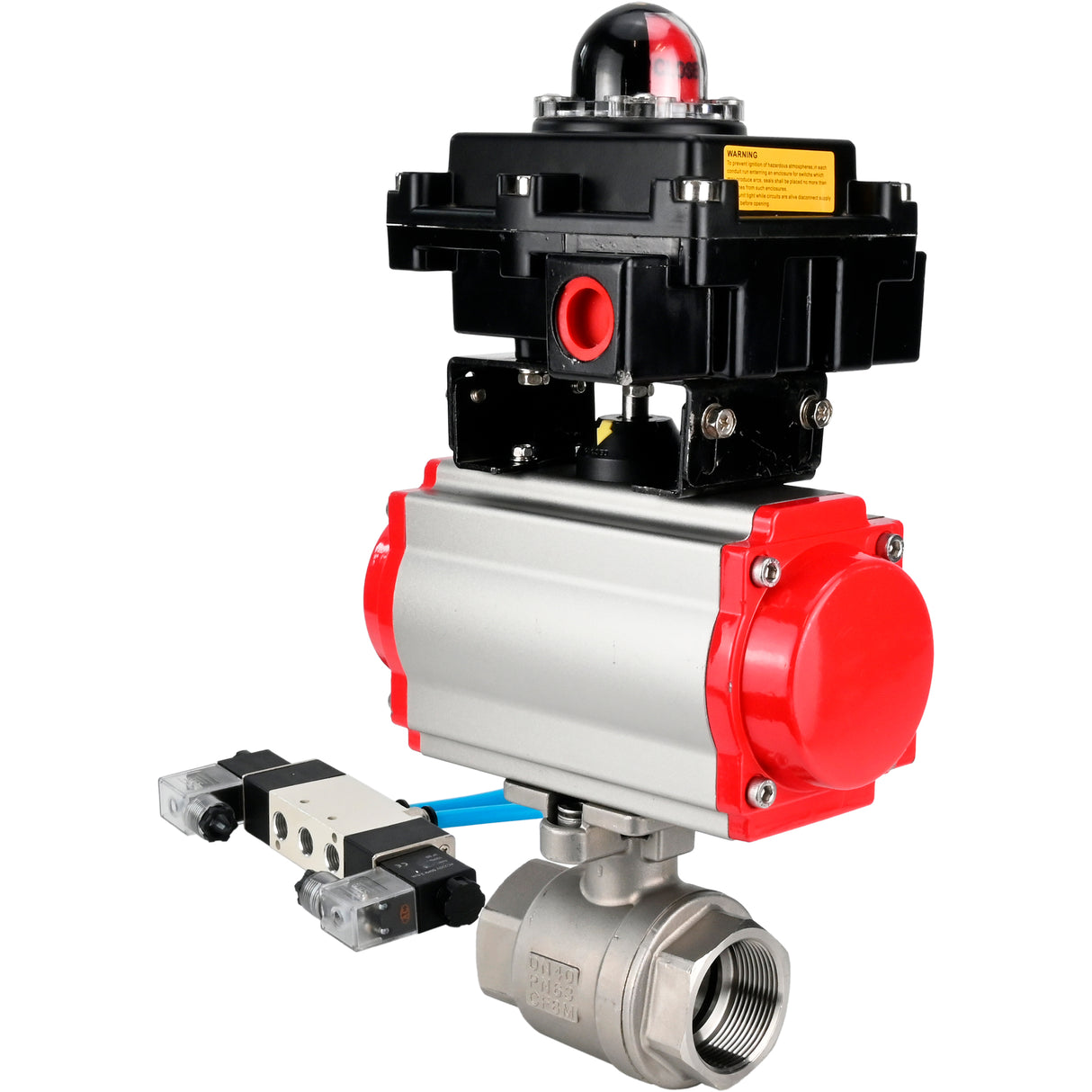 Ball valves Elephant BV3232P(2pc)-FP-T-ISO-H 16 bar, full bore coupling, stainless steel SS316, seal - PTFE, with pneumatic actuator PA-SA with return springs, with pneumatic distributor 4V320-08 220V, with LSU APL-410N EX