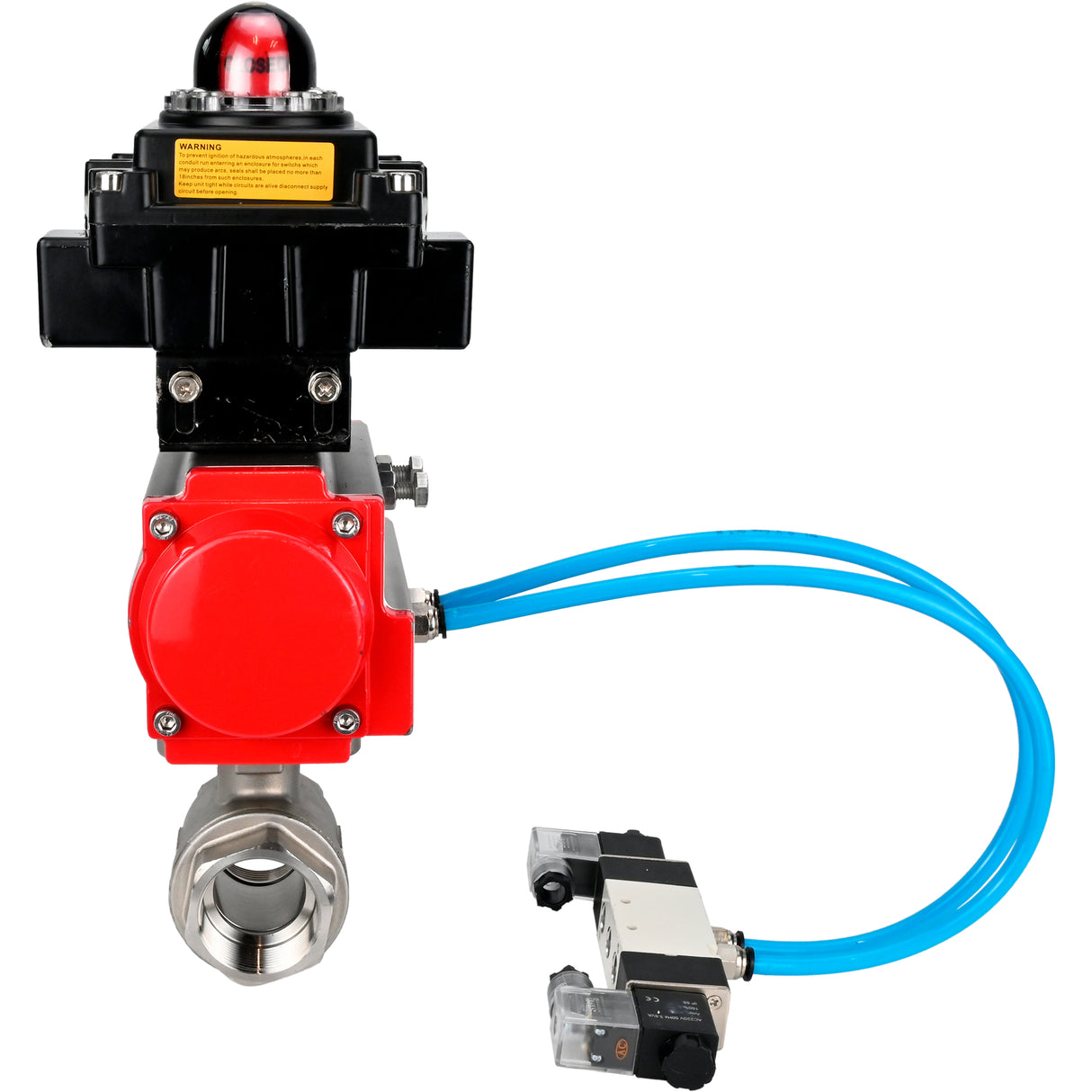 Ball valves Elephant BV3232P(2pc)-FP-T-ISO-H 16 bar, full bore coupling, stainless steel SS316, seal - PTFE, with pneumatic actuator PA-SA with return springs, with pneumatic distributor 4V320-08 220V, with LSU APL-410N EX
