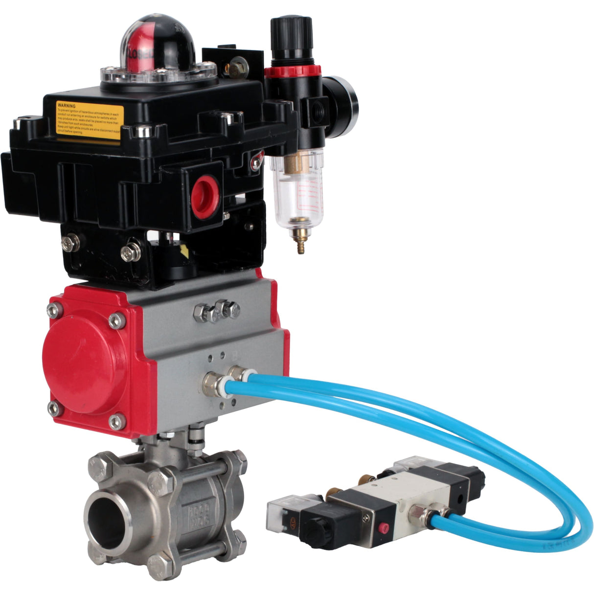 Ball valves Elephant BV3232P(3pc)-FP-W-ISO-H 16 bar/25, full bore for welding, stainless steel SS316, seal - PTFE, with double-acting PA-DA pneumatic actuator, with pneumatic distributor 4V320-10 220V, with LSU APL-410N EX, with ATU AFC2000