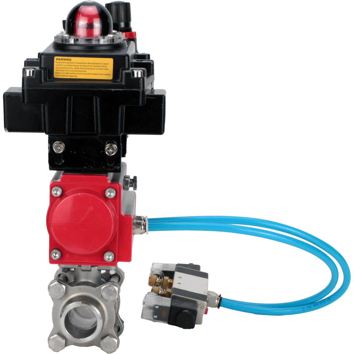 Ball valves Elephant BV3232P(3pc)-FP-W-ISO-H 16 bar/25, full bore for welding, stainless steel SS316, seal - PTFE, with double-acting PA-DA pneumatic actuator, with pneumatic distributor 4V320-10 220V, with LSU APL-410N EX, with ATU AFC2000