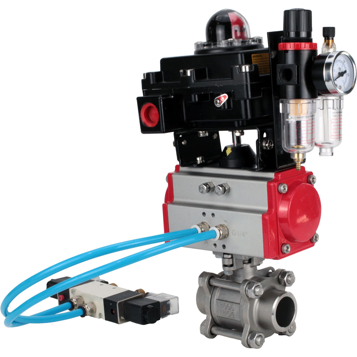 Ball valves Elephant BV3232P(3pc)-FP-W-ISO-H 16 bar/25, full bore for welding, stainless steel SS316, seal - PTFE, with double-acting PA-DA pneumatic actuator, with pneumatic distributor 4V320-10 220V, with LSU APL-410N EX, with ATU AFC2000