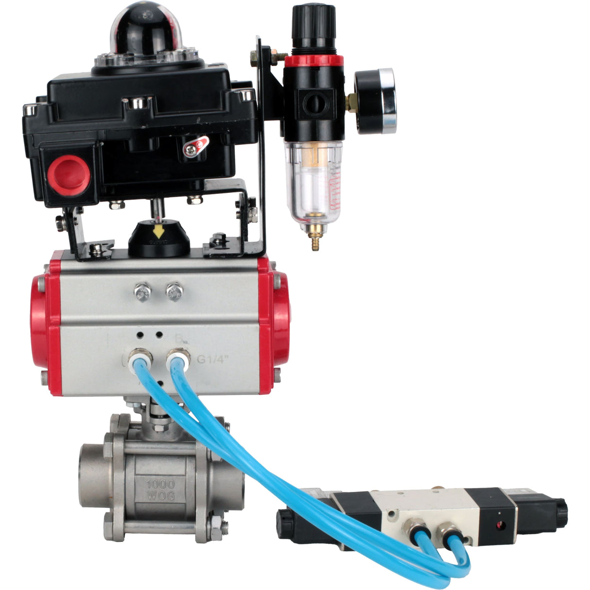 Ball valves Elephant BV3232P(3pc)-FP-W-ISO-H 16 bar/25, full bore for welding, stainless steel SS316, seal - PTFE, with double-acting PA-DA pneumatic actuator, with pneumatic distributor 4V320-10 220V, with LSU APL-410N EX, with ATU AFC2000