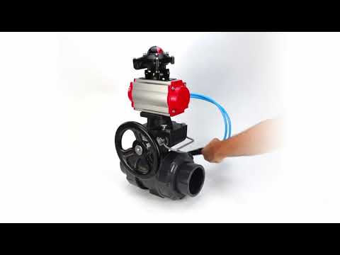 Ball valves Elephant BV4242E-FP-GRM-ISO, body material - UPVC, ball material - UPVC, seal - EPDM, with pneumatic actuator double action PA-DA, pneumatic distributor 4V320-08 220V, LSU APL-210N EX and handwheel MON