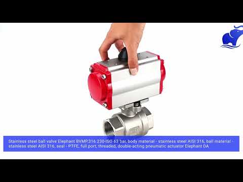 Stainless steel ball valve Elephant BVMP.316.230-ISO 63 bar, body material - stainless steel AISI 316, ball material - stainless steel AISI 316, seal - PTFE, full port, threaded, double-acting pneumatic actuator Elephant DA