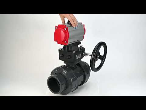 Ball valves Elephant BV4242E-FP-GRM-ISO, body material - UPVC, ball material - UPVC, seal - EPDM, with pneumatic actuator double action PA-DA and handwheel MON