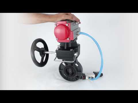 Butterfly valves Elephant WBV4242E-2W-Fb-ISO, body material - UPVC, disc material - UPVC, seal - EPDM, with pneumatic actuator double action PA-DA, pneumatic distributor 4V320-10 220V and handwheel MON