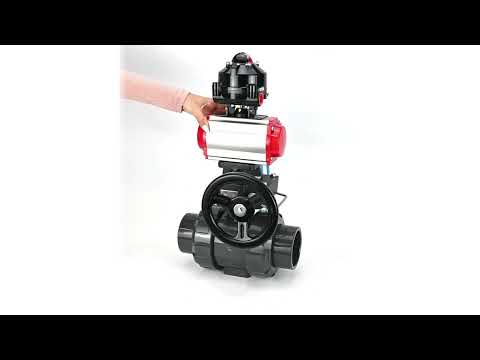 Ball valves Elephant BV4242E-FP-GRM-ISO, body material - UPVC, ball material - UPVC, seal - EPDM, with pneumatic actuator double action PA-DA, pneumatic distributor 4V320-10 220V, LSU APL-510N EX and handwheel MON