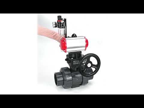 Ball valves Elephant BV4242E-FP-GRM-ISO, body material - UPVC, ball material - UPVC, seal - EPDM, with pneumatic actuator double action PA-DA, pneumatic distributor 4M310-08 24V, ATU AFC2000 and handwheel MON