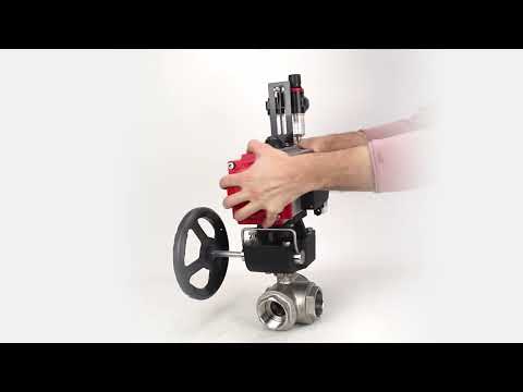 Stainless steel ball valve Elephant RP.SS316.200.MM.ISO 914 PSI threaded, standard port, three way, L-type, body material - stainless steel AISI 316, pneumatic actuator DA, limit switch block APL-410N EX, manual override HDM
