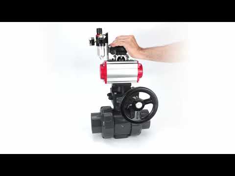 Ball valves Elephant BV4242E-FP-GRM-ISO, body material - UPVC, ball material - UPVC, seal - EPDM, with pneumatic actuator double action PA-DA, pneumatic distributor 4M310-08 220V, LSU APL-210N, ATU AFC2000 and handwheel MON