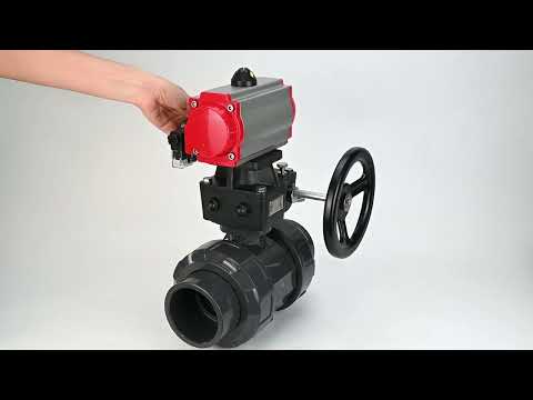 Ball valves Elephant BV4242E-FP-GRM-ISO, body material - UPVC, ball material - UPVC, seal - EPDM, with pneumatic actuator double action PA-DA, pneumatic distributor 4M310-08 24V and handwheel MON