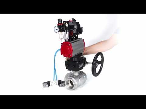 Ball valves Elephant BV3232P-SP-3L-T 3-way L-type, threaded, body - stainless steel SS316, seal - PTFE, with pneumatic drive PA-DA-052-083 pneumatic distributor 4V320-08 gearbox MON ATU AFC2000 LSU APL-510N-EX