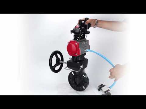 Butterfly valves Elephant WBV4242E-2W-Fb-ISO, body material - UPVC, disc material - UPVC, seal - EPDM, with pneumatic actuator double action PA-DA, pneumatic distributor 4V320-08 220V, LSU APL-210N, ATU AFC2000 and handwheel MON