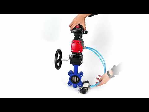 Water Butterfly Valve Elephant WBV1616E-2W-Fb-H, body material - cast iron QT450, disk material - cast iron QT450, seal - EPDM, pneumatic actuator PA-DA double action, 4V320-08 220V, LSU APL-210N, handwheel MON, ATU AFC2000