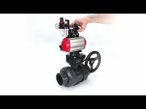 Ball valves Elephant BV4242E-FP-GRM-ISO, body material - UPVC, ball material - UPVC, seal - EPDM, with pneumatic actuator double action PA-DA, pneumatic distributor 4M310-08 24V, LSU APL-210N, ATU AFC2000 and handwheel MON