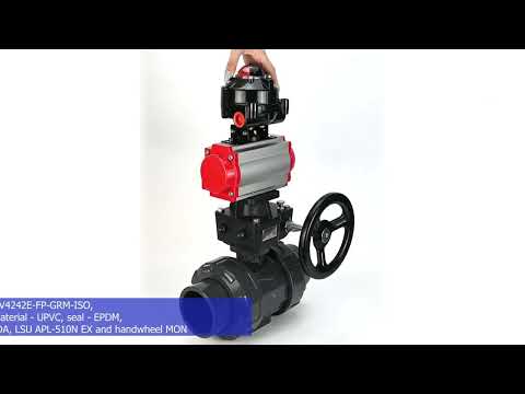 Ball valves Elephant BV4242E-FP-GRM-ISO, body material - UPVC, ball material - UPVC, seal - EPDM, with pneumatic actuator double action PA-DA, LSU APL-510N EX and handwheel MON