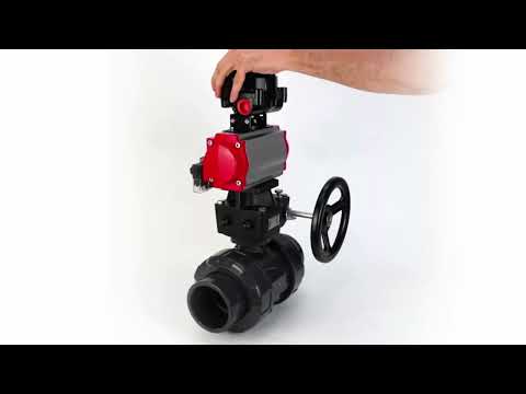 Ball valves Elephant BV4242E-FP-GRM-ISO, body material - UPVC, ball material - UPVC, seal - EPDM, with pneumatic actuator double action PA-DA, pneumatic distributor 4M310-08 24V, LSU APL-510N EX and handwheel MON