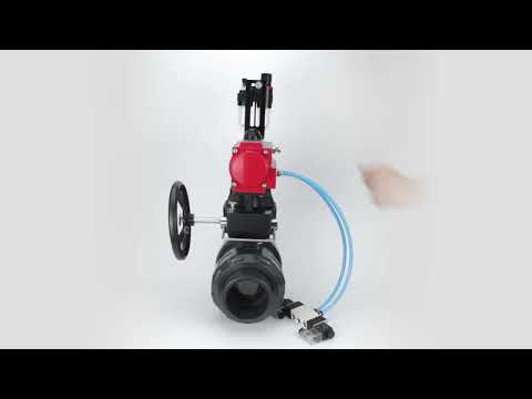 Ball valves Elephant BV4242E-FP-GRM-ISO, body material - UPVC, ball material - UPVC, seal - EPDM, with pneumatic actuator double action PA-DA, pneumatic distributor 4V320-10 220V, ATU AFC2000 and handwheel MON