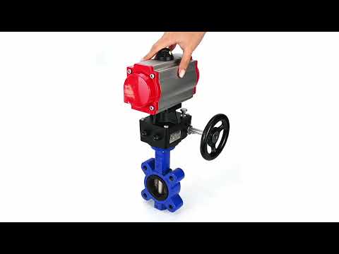 Water Butterfly Valve Elephant WBV1616N-2W-Fb-H, body material - cast iron QT450, disk material - cast iron QT450, seal - NBR, with pneumatic actuator double action PA-DA, handwheel MON