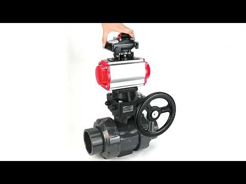 Ball valves Elephant BV4242E-FP-GRM-ISO, body material - UPVC, ball material - UPVC, seal - EPDM, with pneumatic actuator double action PA-DA, LSU APL-210N and handwheel MON