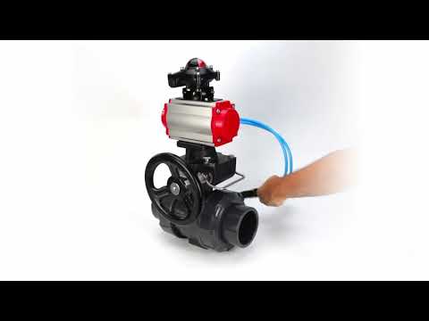 Ball valves Elephant BV4242E-FP-GRM-ISO, body material - UPVC, ball material - UPVC, seal - EPDM, with pneumatic actuator double action PA-DA, pneumatic distributor 4V320-10 220V, LSU APL-210N and handwheel MON