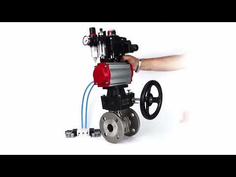 Ball valves Elephant BV3232P(2pc)-FP-F-ISO-H,  body material - Stainless steel AISI 316, seal - PTFE / PTFE / Teflon, with pneumatic actuator double action PA-DA, 4V320-10 220V, LSU APL-410N Ex, handwheel MON, ATU AFC2000