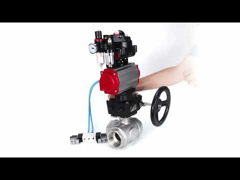 Ball valves Elephant BV3232P-SP-3L-T 3-way L-type, threaded, body - stainless steel SS316, seal - PTFE, with pneumatic drive PA-DA-052-083 pneumatic distributor 4V320-10 gearbox MON ATU AFC2000 LSU APL-510N-EX