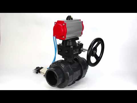 Ball valves Elephant BV4242E-FP-GRM-ISO, body material - UPVC, ball material - UPVC, seal - EPDM, with pneumatic actuator double action PA-DA, pneumatic distributor 4V320-08 220V and handwheel MON