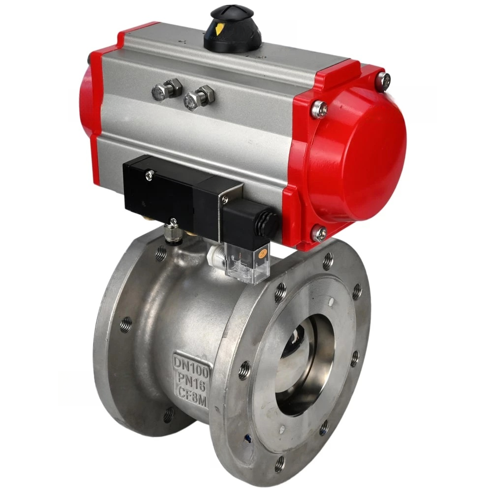 Ball valves Elephant BV3232P-FP-Fb-ISO-H DN15-100 16 bar stainless, full bore, double-acting PA-DA-052-105 pneumatic actuators with flange connections and 4M310-08 220V pneumatic distributor
