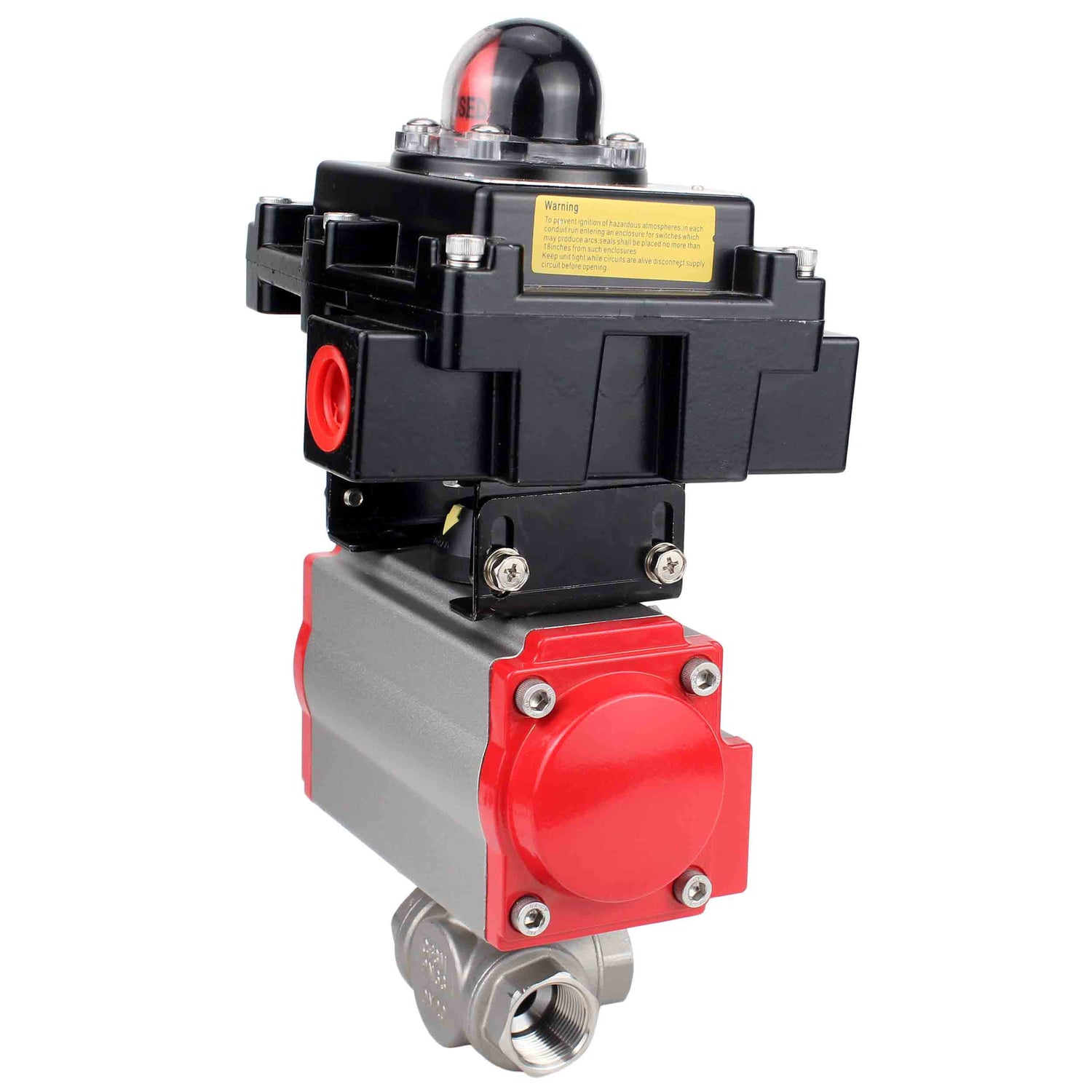 Stainless steel ball valve Elephant RP.SS316.200.MM.ISO 63 bar threaded, standard port, three way, L-type, body material - stainless steel AISI 316, pneumatic actuator DA, limit switch block APL-410N EX