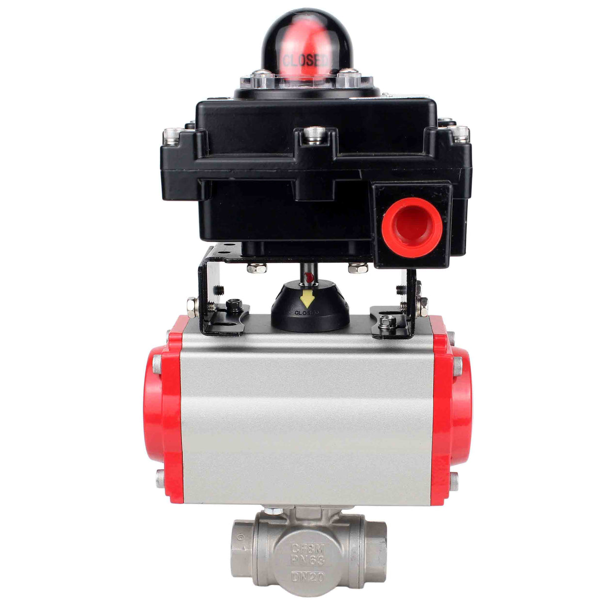 Stainless steel ball valve Elephant RP.SS316.200.MM.ISO 914 PSI threaded, standard port, three way, L-type, body material - stainless steel AISI 316, pneumatic actuator DA, limit switch block APL-410N EX