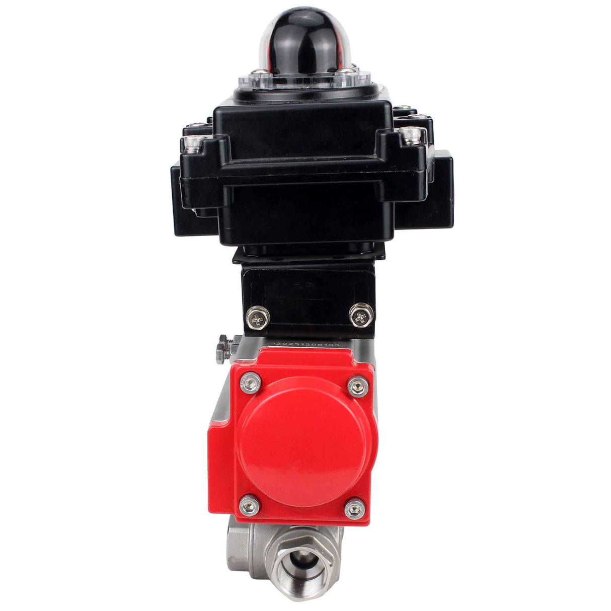 Stainless steel ball valve Elephant RP.SS316.200.MM.ISO 914 PSI threaded, standard port, three way, L-type, body material - stainless steel AISI 316, pneumatic actuator DA, limit switch block APL-410N EX