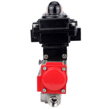 Stainless steel ball valve Elephant RP.SS316.200.MM.ISO 914 PSI threaded, standard port, three way, L-type, body material - stainless steel AISI 316, pneumatic actuator DA, limit switch block APL-410N EX
