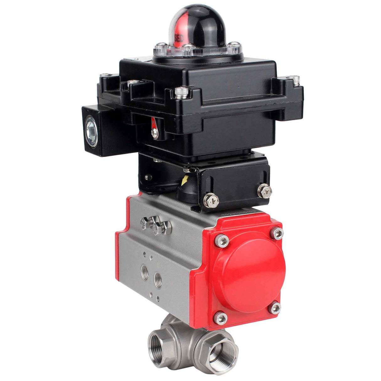 Stainless steel ball valve Elephant RP.SS316.200.MM.ISO 914 PSI threaded, standard port, three way, L-type, body material - stainless steel AISI 316, pneumatic actuator DA, limit switch block APL-410N EX