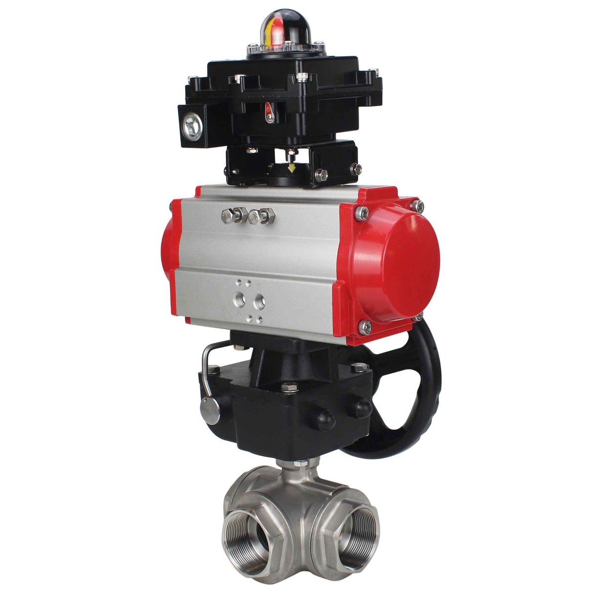 Stainless steel ball valve Elephant RP.SS316.200.MM.ISO 914 PSI threaded, standard port, three way, L-type, body material - stainless steel AISI 316, pneumatic actuator DA, limit switch block APL-410N EX, manual override HDM