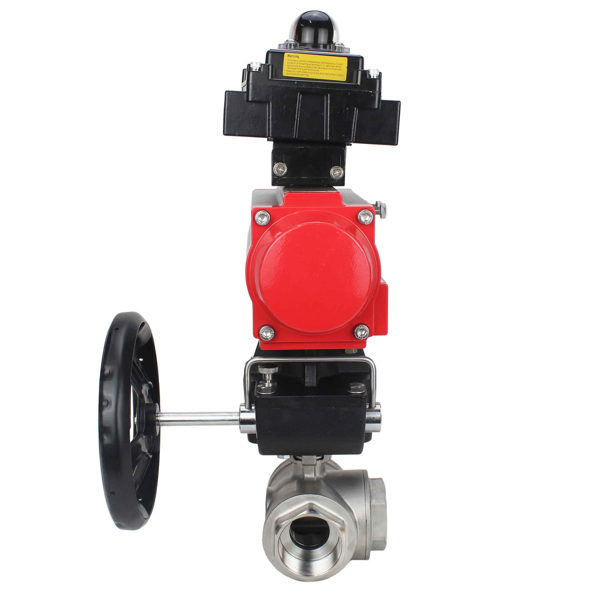 Stainless steel ball valve Elephant RP.SS316.200.MM.ISO 914 PSI threaded, standard port, three way, L-type, body material - stainless steel AISI 316, pneumatic actuator DA, limit switch block APL-410N EX, manual override HDM