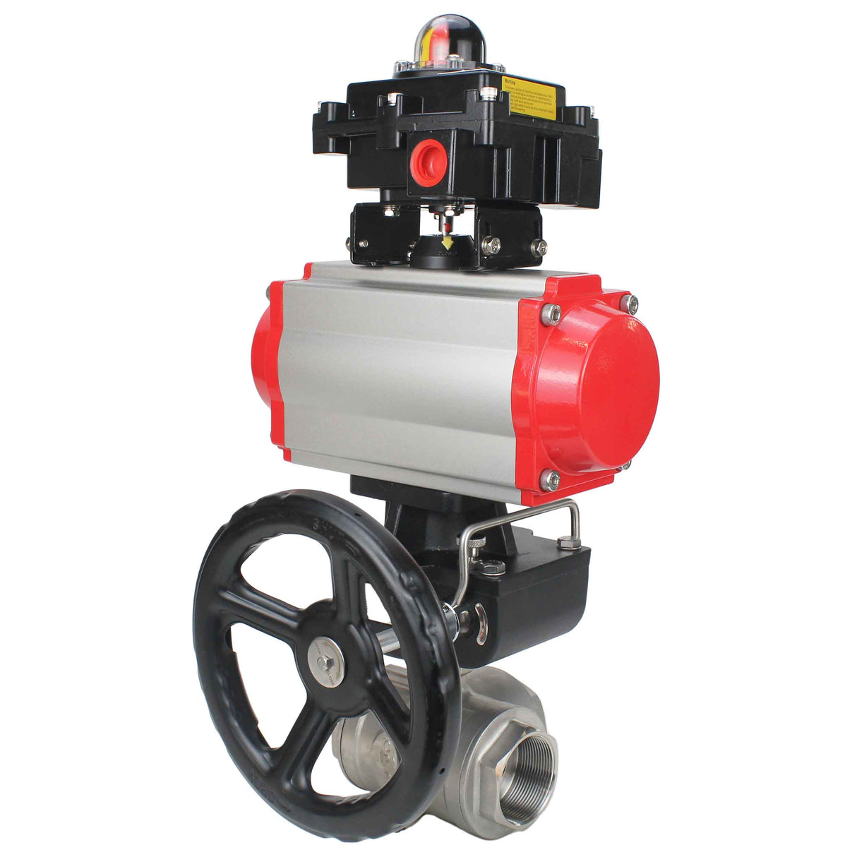 Stainless steel ball valve Elephant RP.SS316.200.MM.ISO 914 PSI threaded, standard port, three way, L-type, body material - stainless steel AISI 316, pneumatic actuator DA, limit switch block APL-410N EX, manual override HDM