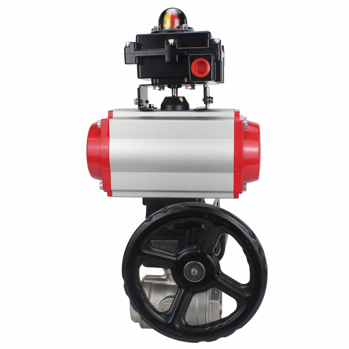 Stainless steel ball valve Elephant RP.SS316.200.MM.ISO 914 PSI threaded, standard port, three way, L-type, body material - stainless steel AISI 316, pneumatic actuator DA, limit switch block APL-410N EX, manual override HDM