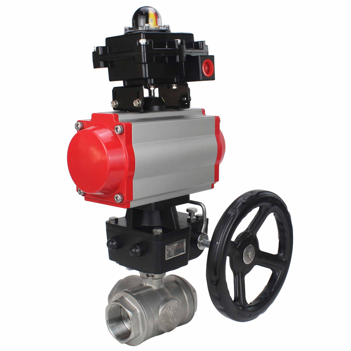 Stainless steel ball valve Elephant RP.SS316.200.MM.ISO 914 PSI threaded, standard port, three way, L-type, body material - stainless steel AISI 316, pneumatic actuator DA, limit switch block APL-410N EX, manual override HDM