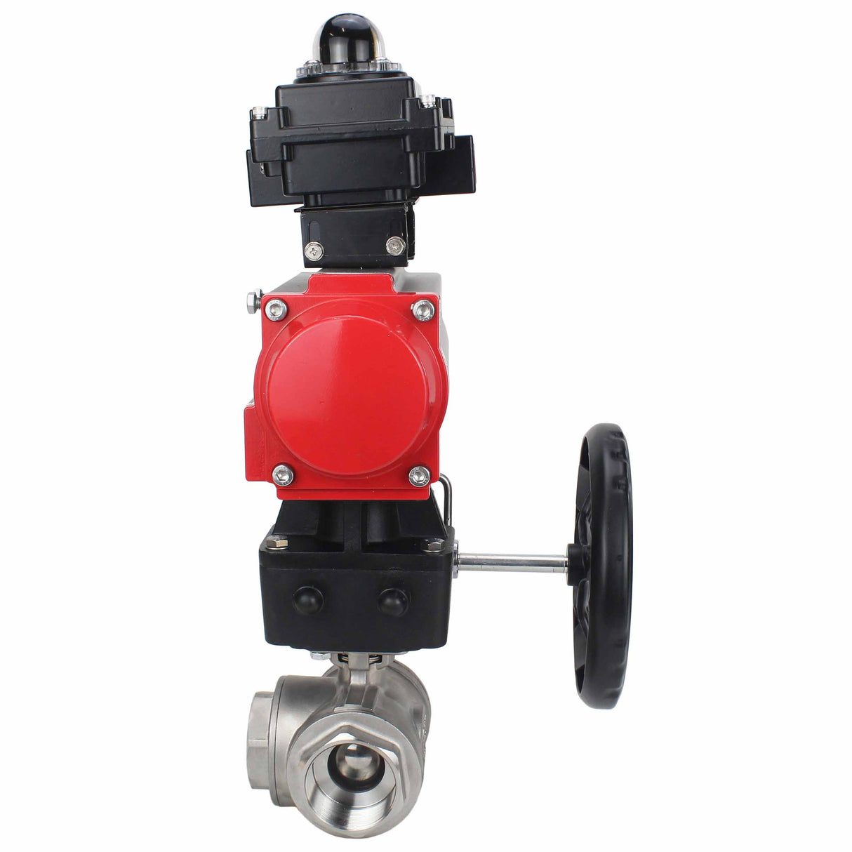 Stainless steel ball valve Elephant RP.SS316.200.MM.ISO 914 PSI threaded, standard port, three way, L-type, body material - stainless steel AISI 316, pneumatic actuator DA, limit switch block APL-410N EX, manual override HDM