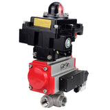 Stainless steel ball valve Elephant RP.SS316.200.MM.ISO 63 bar threaded, standard port, three way, L-type, body material - stainless steel AISI 316, pneumatic actuator DA, pneumatic distributor 4M310-08 24V, limit switch block APL-410N EX