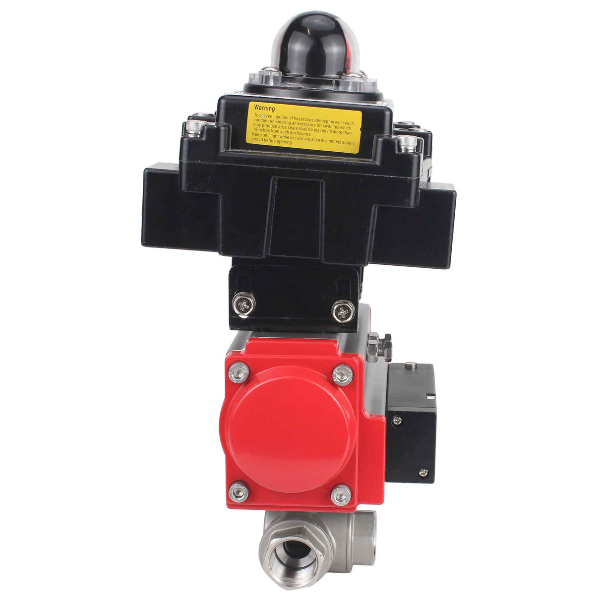 Stainless steel ball valve Elephant RP.SS316.200.MM.ISO 63 bar threaded, standard port, three way, L-type, body material - stainless steel AISI 316, pneumatic actuator DA, pneumatic distributor 4M310-08 24V, limit switch block APL-410N EX