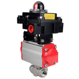 Stainless steel ball valve Elephant RP.SS316.200.MM.ISO 63 bar threaded, standard port, three way, L-type, body material - stainless steel AISI 316, pneumatic actuator DA, pneumatic distributor 4M310-08 24V, limit switch block APL-410N EX