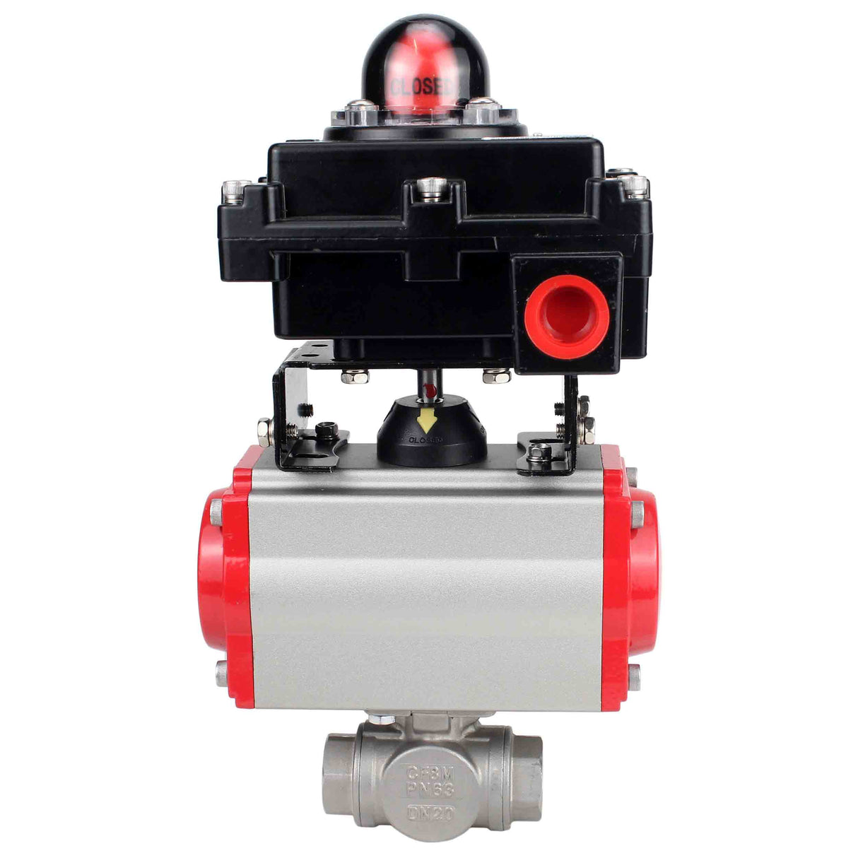Stainless steel ball valve Elephant RP.SS316.200.MM.ISO 63 bar threaded, standard port, three way, L-type, body material - stainless steel AISI 316, pneumatic actuator DA, pneumatic distributor 4M310-08 24V, limit switch block APL-410N EX