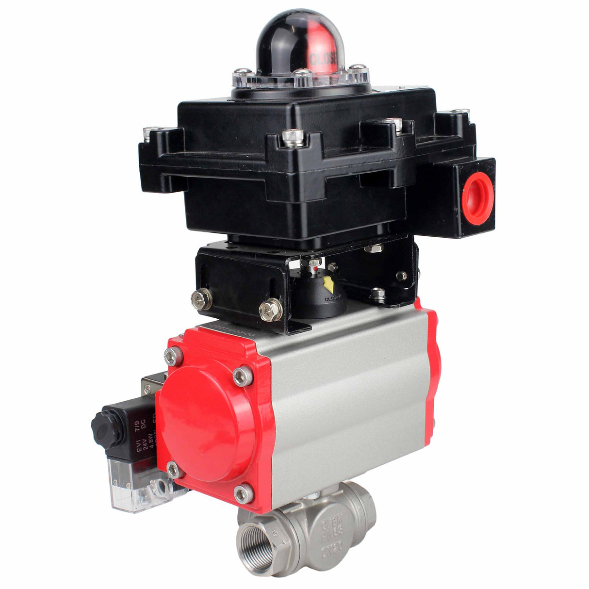 Stainless steel ball valve Elephant RP.SS316.200.MM.ISO 63 bar threaded, standard port, three way, L-type, body material - stainless steel AISI 316, pneumatic actuator DA, pneumatic distributor 4M310-08 24V, limit switch block APL-410N EX